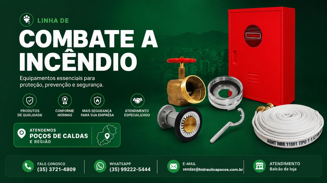 Linha de combate a incêndio — registros, abrigos e mangueiras. Atendemos Poços de Caldas e região.
