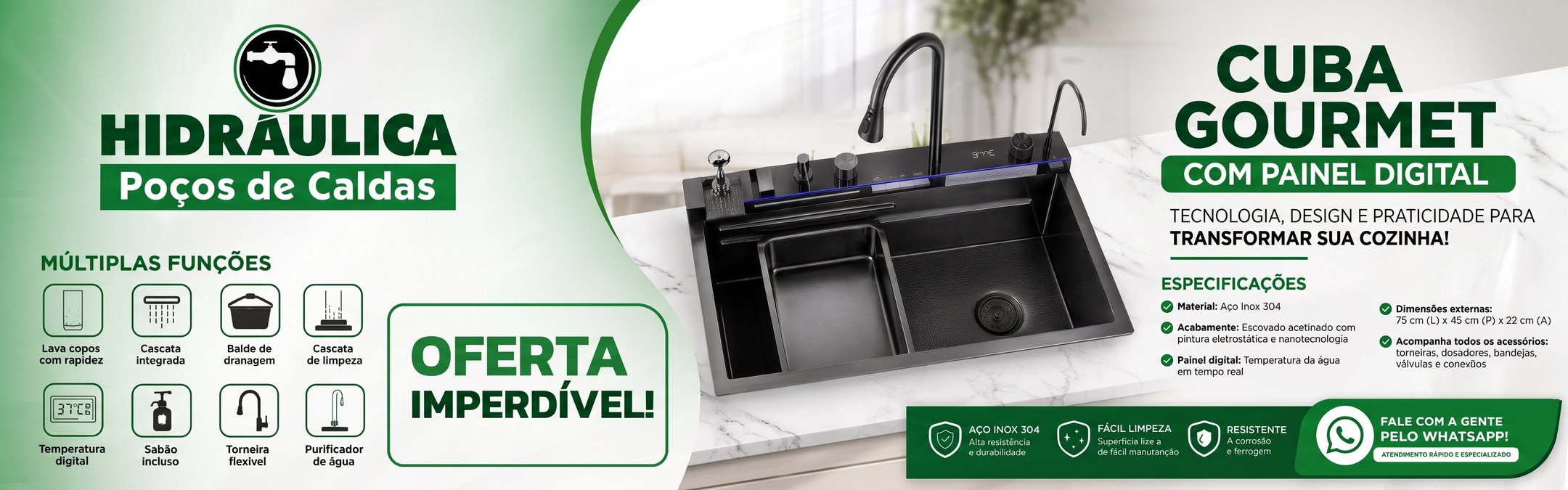 Oferta imperdível: cuba gourmet com painel digital, torneira multifuncional e acabamento em aço inox 304.